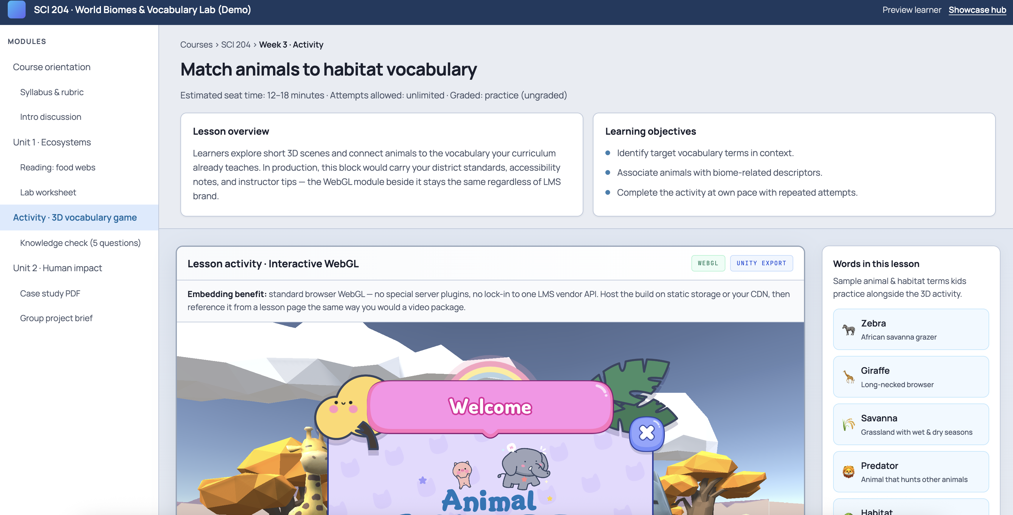 LMS-style course layout with the 3D Animal Vocabulary Unity WebGL game embedded in the lesson column